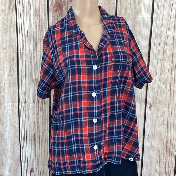 Pact Other - PACT Blue Red & White Short Sleeve Organic Cotton Pajama Button Down Top Large